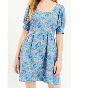 Loft Blue Multicolor Floral Linen Puff Sleeve Mini Dress Women’s 18 Girly Boho